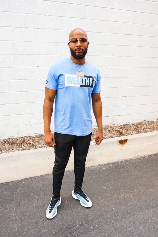 Wealthy Tee (Baby Blue/White/Black)